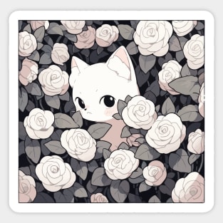 Cute white kitten in a field of roses Sticker